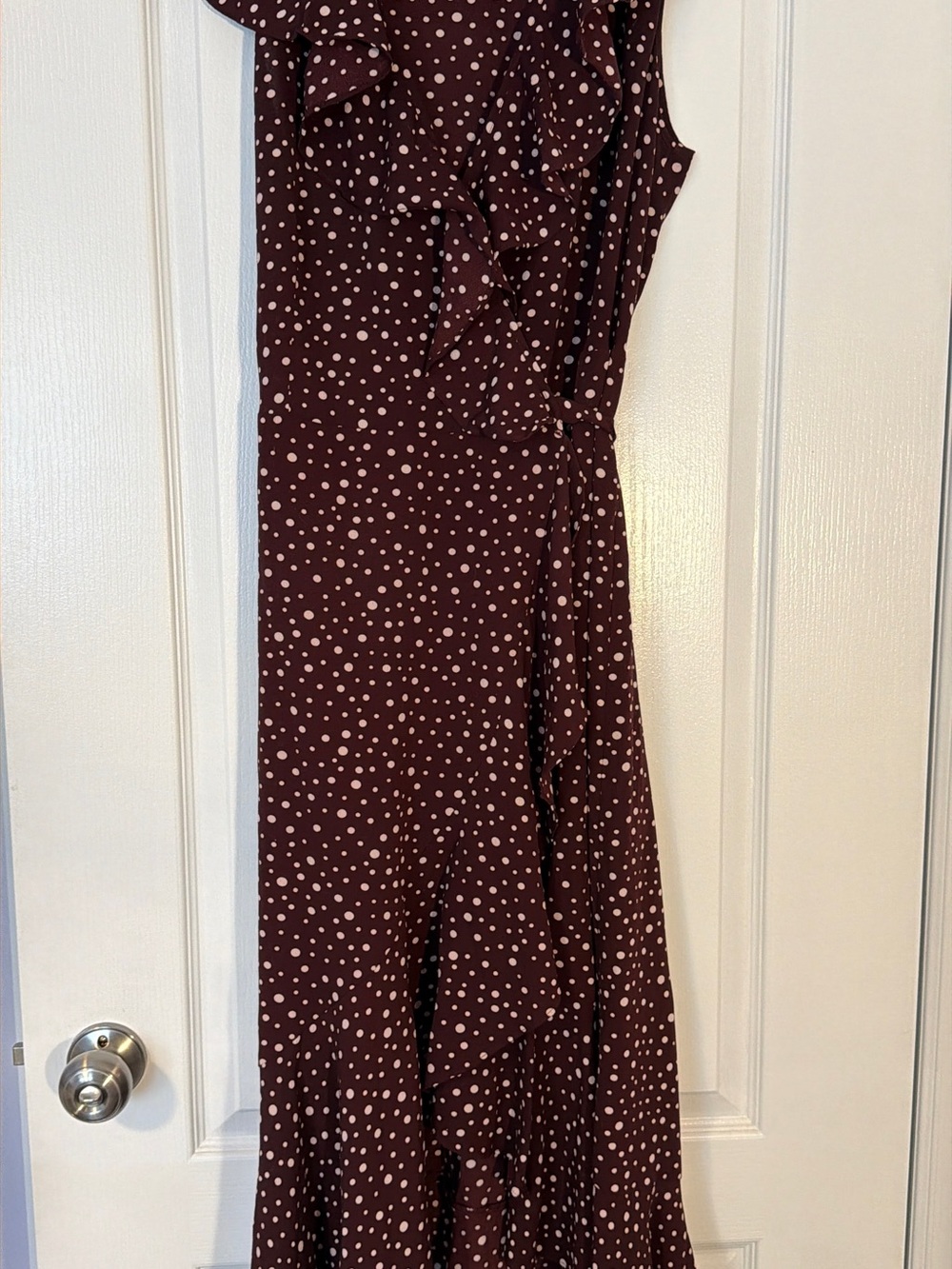 Max Studio Brown Polka Dot Ruffle Wrap Midi Dress Size L - Picture 2 of 14